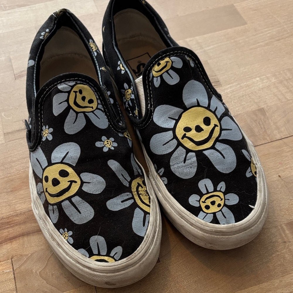 Vans Slip-On Sneakers - Black, Yellow & Light Blue Smiley Daisy